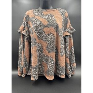 Womens Now N Forever Animal Print Ruffle Sleeve Brown Top Knit Lightweight‎